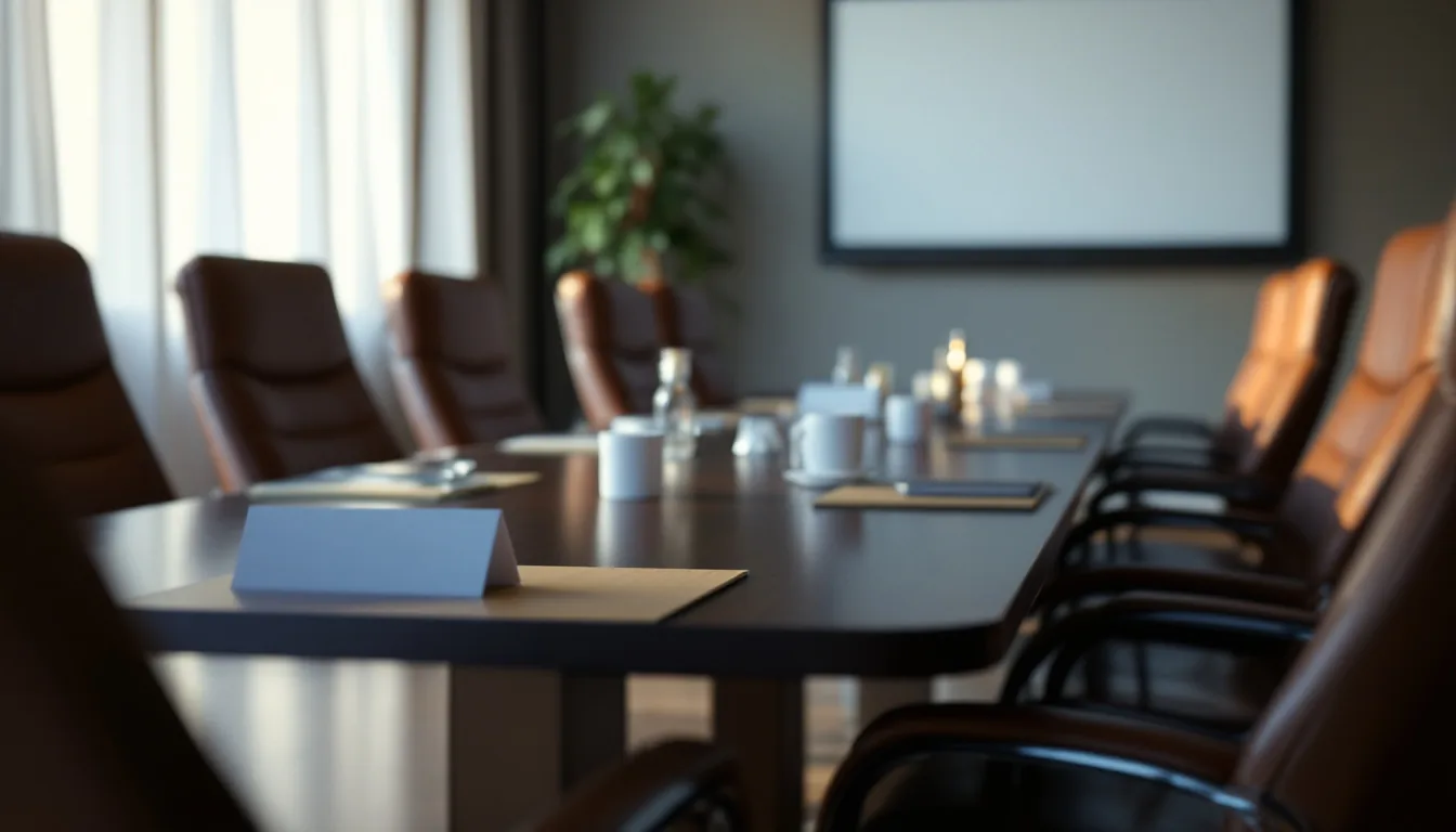 Editorial photograph of a customer advisory board meeting setup with a conference table, name placards, leather chairs, and a presentation screen, soft daylight, no people, 16:9