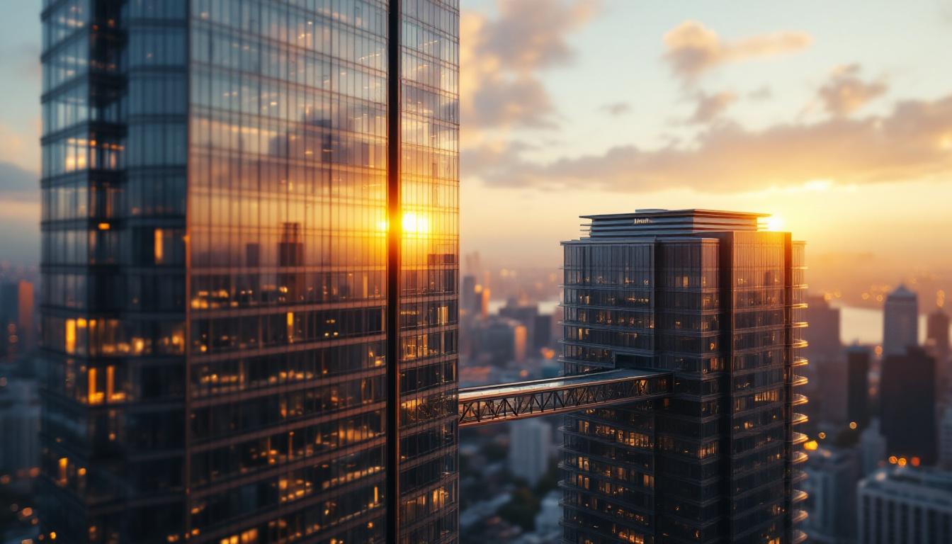 Two corporate boardroom buildings symbolizing merger vs acquisition: on the left, two equal towers connected by a bridge representing a merger of equals; on the right, a larger tower absorbing a smaller one representing an acquisition