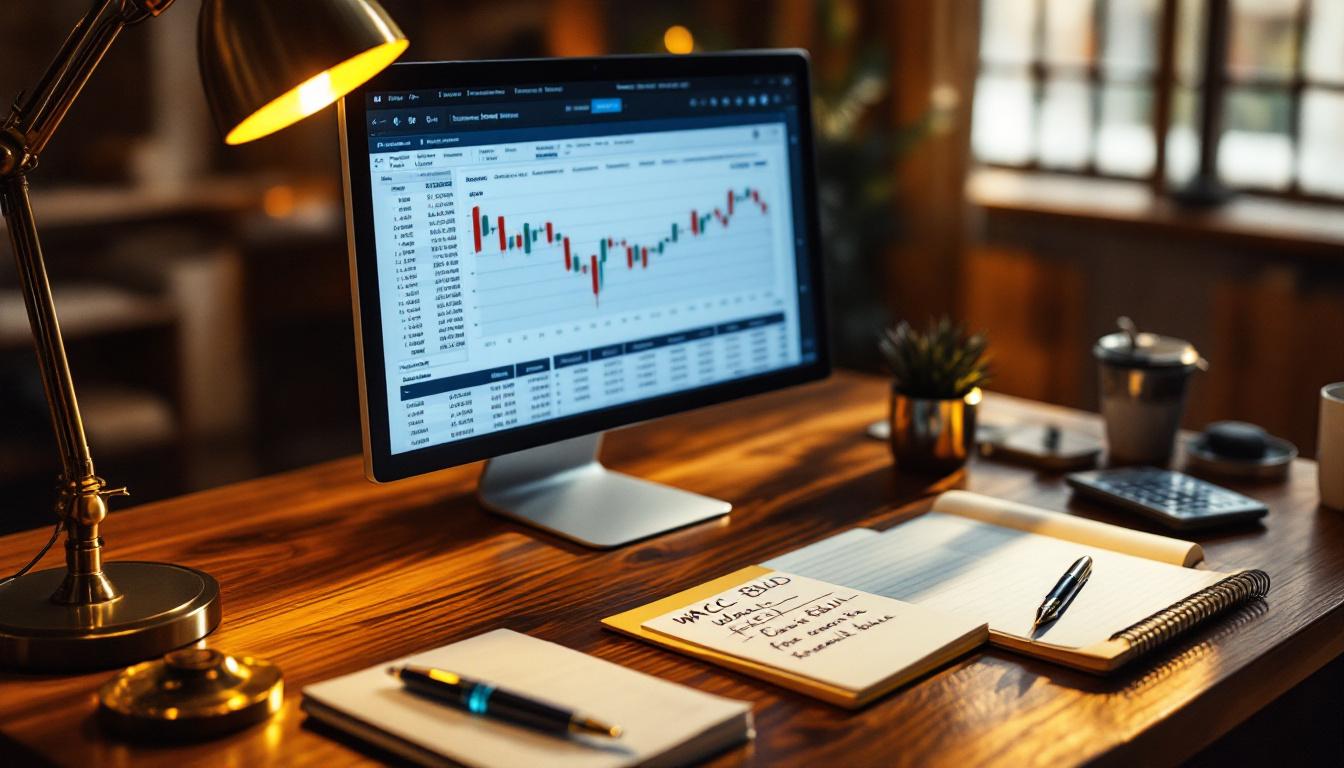 DCF valuation model on a monitor showing year-by-year free cash flow projections, discount rates, present value calculations, and terminal value, with a financial calculator and notepad in foreground