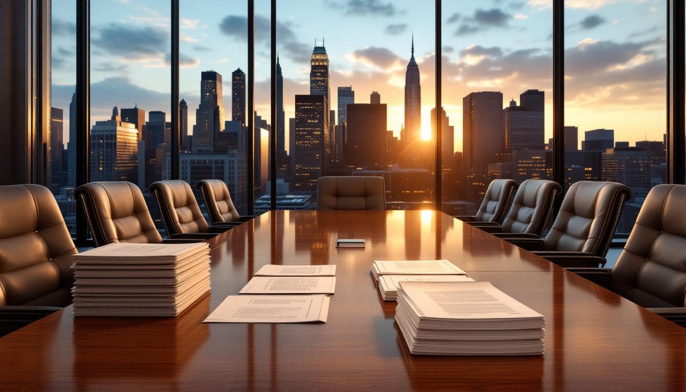 Law firm conference room at golden hour with due diligence documents