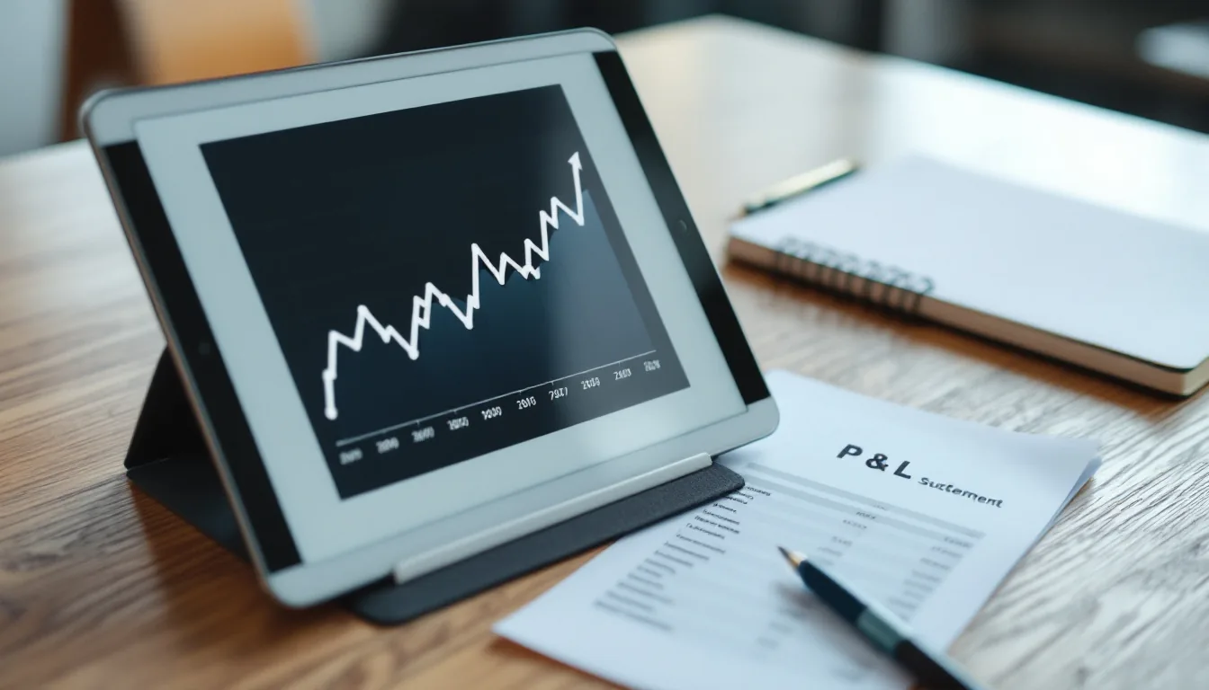 Financial analyst reviewing an EBITDA margin trend chart on a tablet beside a printed P and L on a clean desk