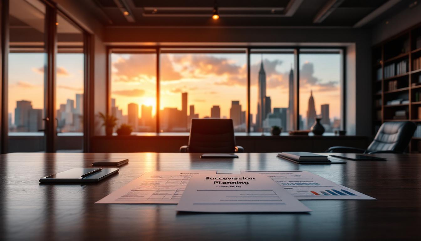 Executive office at golden hour with succession planning documents