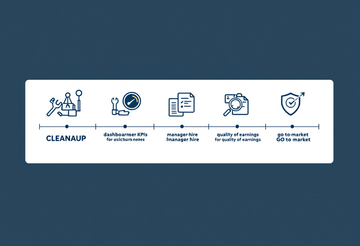 36-month elevator service business exit preparation timeline: cleanup phase, KPI infrastructure and general manager hire, sell-side quality of earnings, and go-to-market with M&A advisor