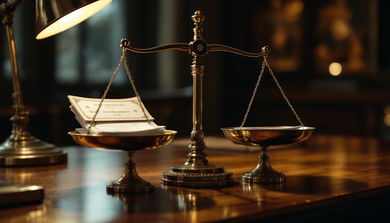 Enterprise value vs market cap concept: two scales on an executive desk, one weighing equity shares only (market cap), the other weighing equity plus debt minus cash (enterprise value), brass desk lamp casting golden light
