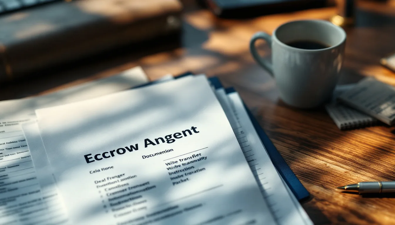 Closed escrow agent ledger with deal documents and a wire transfer instructions packet on a clean wooden desk
