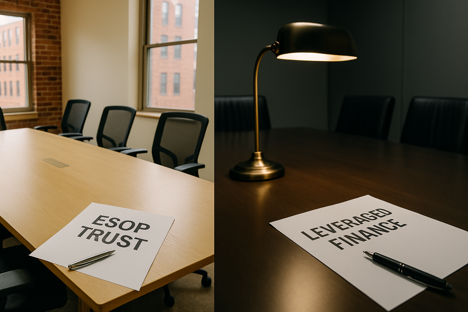 Two opposing executive offices representing ESOP and Private Equity exit paths, with founder choosing between employee-owned structure and PE acquisition