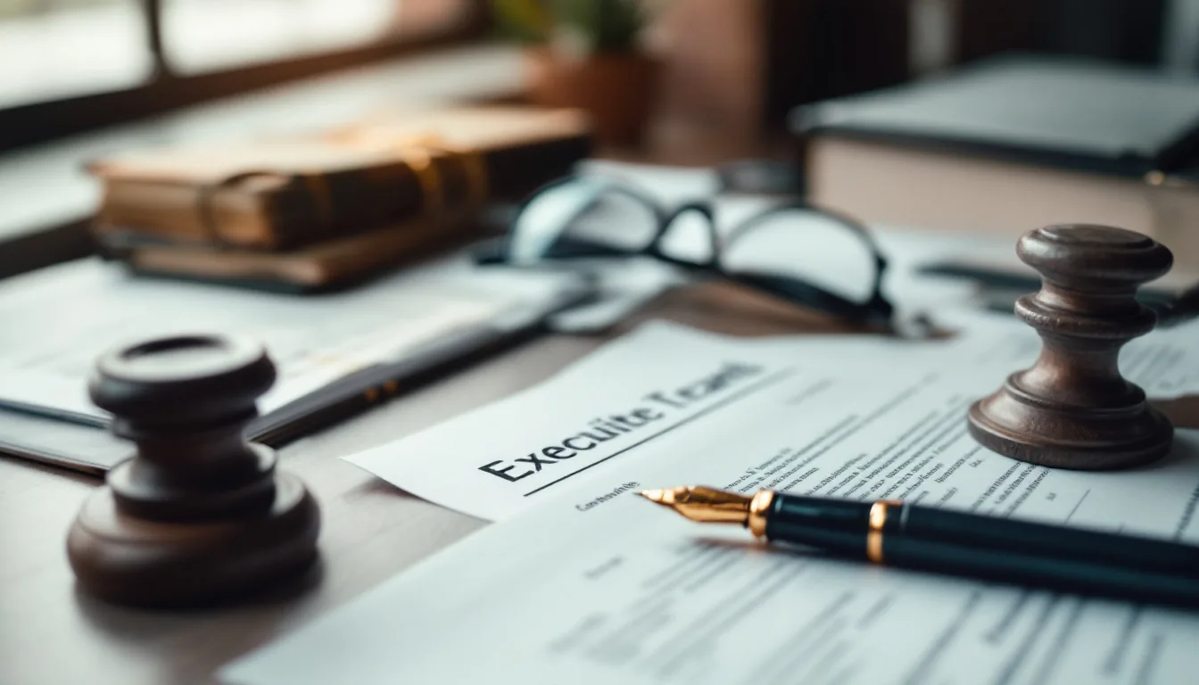 An executor at a desk reviewing estate documents and a business file