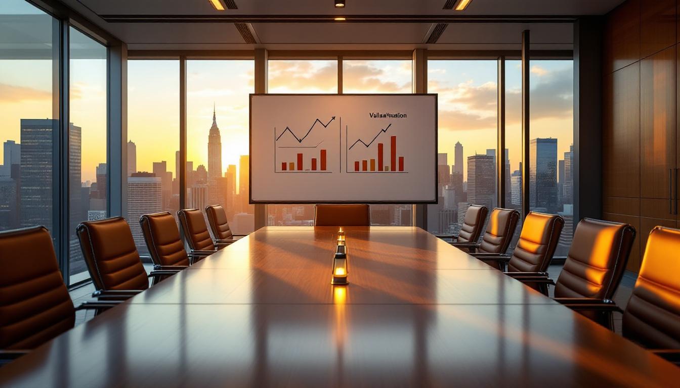 Empty boardroom at golden hour with valuation models on whiteboard