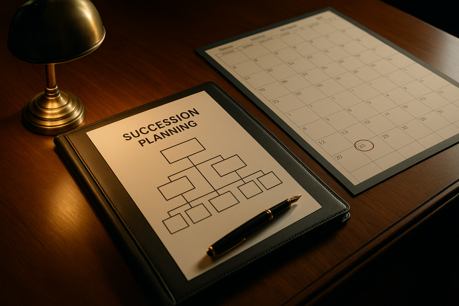 Small business owner planning exit strategy: executive desk with succession-planning diagram, calendar showing 12-24 month timeline, leather portfolio and fountain pen, brass desk lamp casting warm golden light