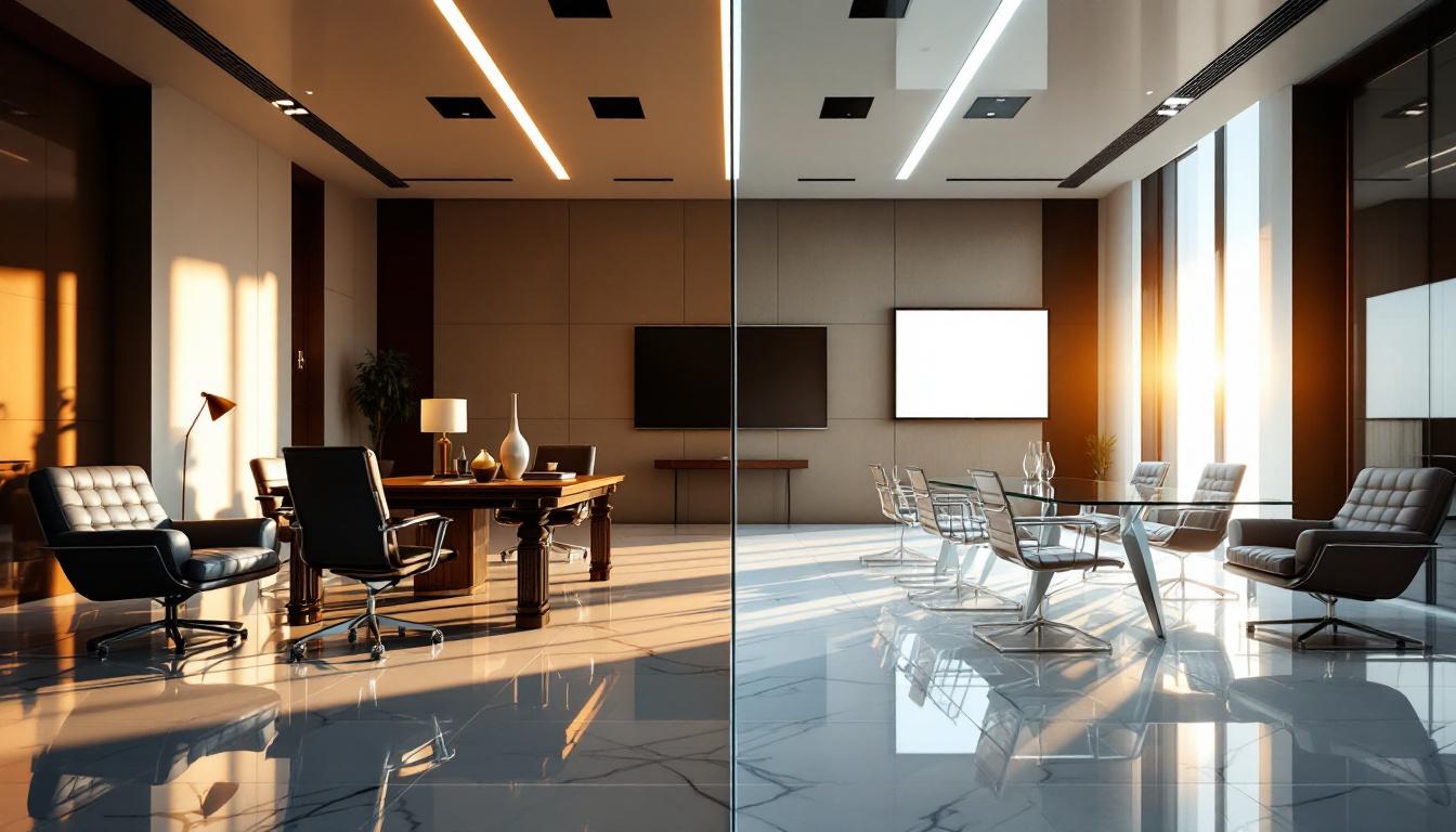 Side-by-side comparison: family office boardroom (patient capital, long hold) vs private equity boardroom (fund clock, structured exit) facing each other