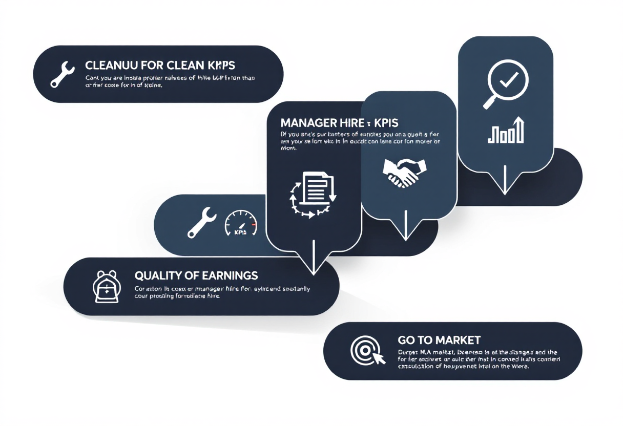 36-month fencing business exit preparation timeline: cleanup phase, KPI infrastructure and general manager hire, sell-side quality of earnings, and go-to-market with M&A advisor