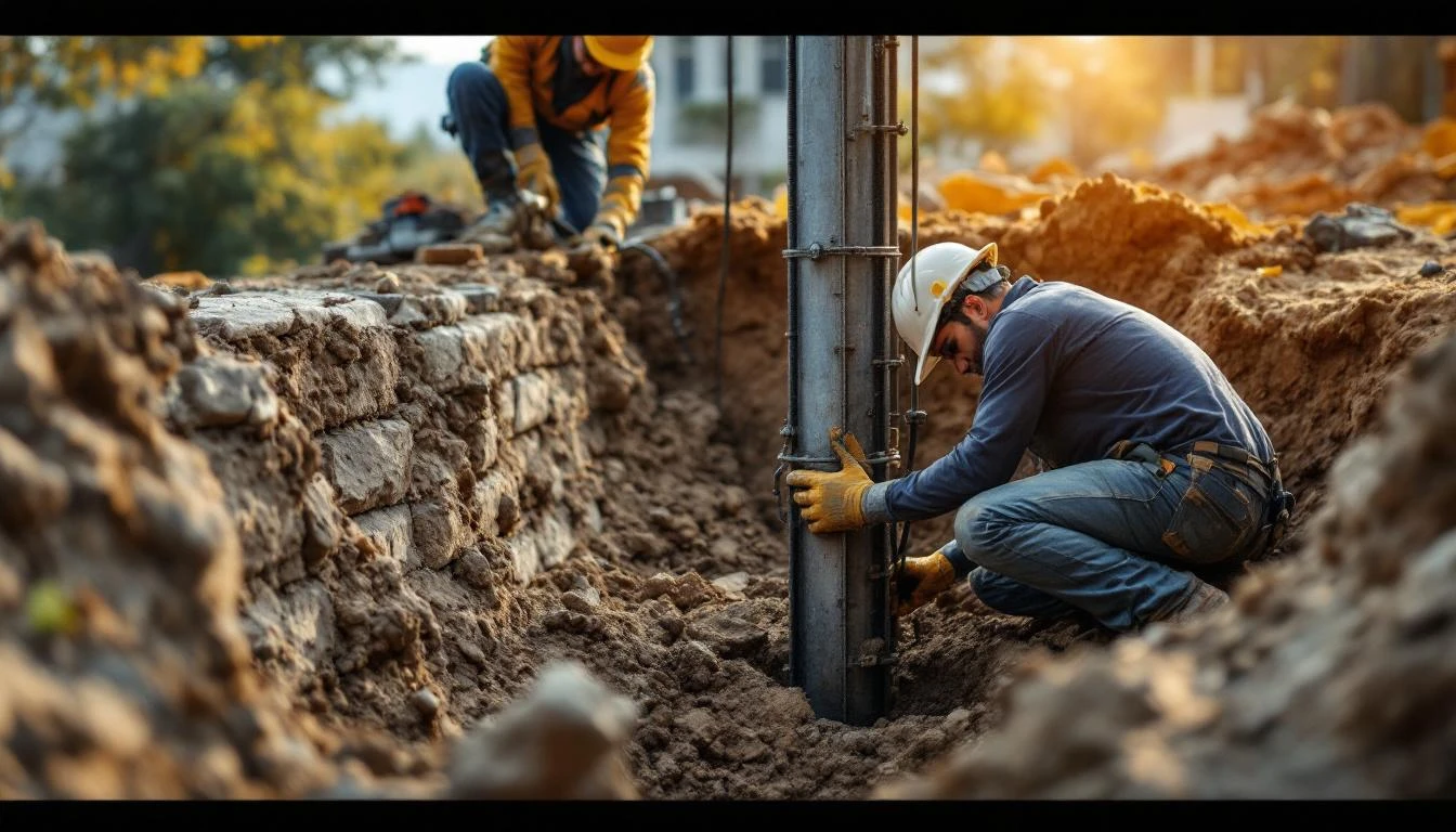 Crew installing foundation piers, representing a foundation repair business for sale