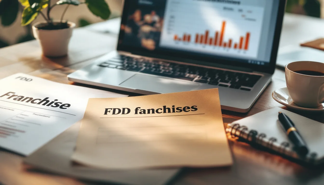Editorial photograph of a franchise opportunity research setup with FDD documents, a laptop showing franchise comparisons, and a coffee cup on a wooden desk