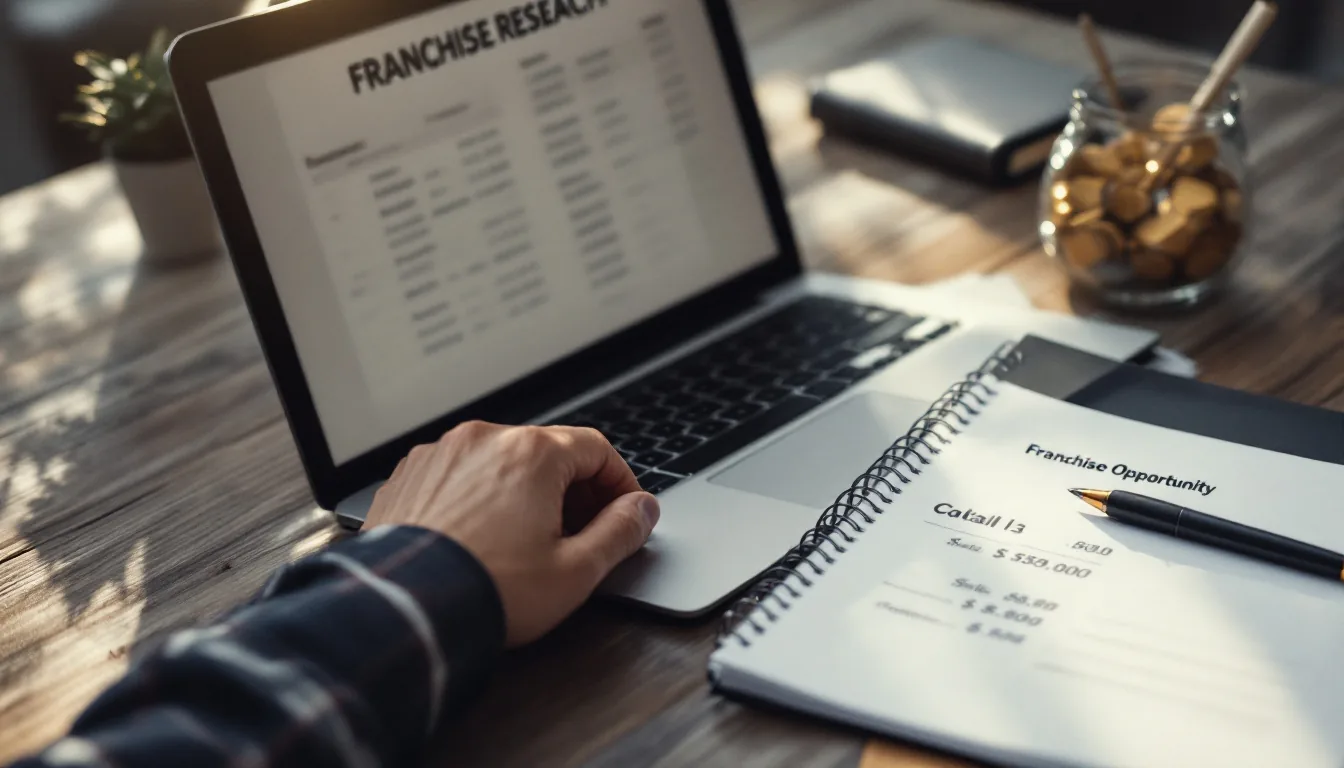 Editorial photograph of a low-cost franchise research setup with a laptop, notebook with capital calculations, and printed franchise opportunity reports on a desk