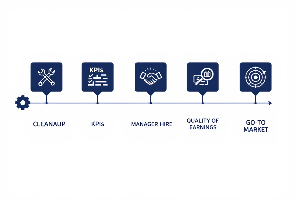 36-month garage door business exit preparation timeline: cleanup phase, KPI infrastructure and general manager hire, sell-side quality of earnings, and go-to-market with M&A advisor