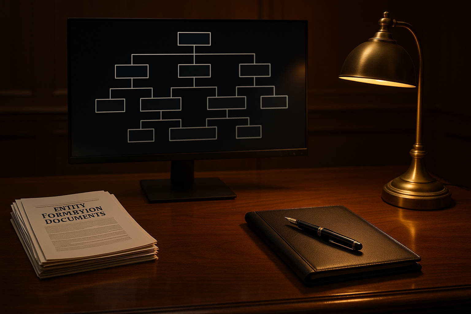 Holding company structure diagram on executive desk showing parent holdco with multiple subsidiary operating businesses connected by ownership lines, brass desk lamp casting warm light