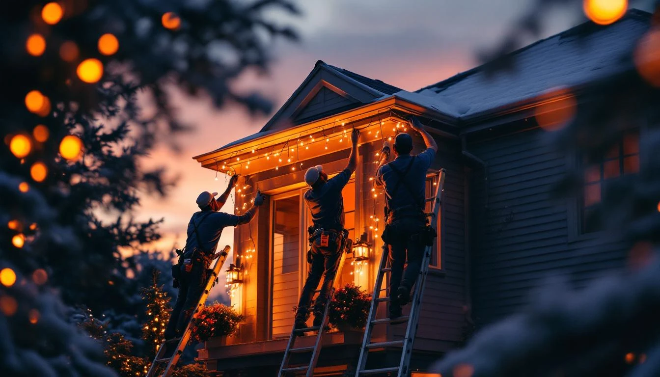 Crew installing holiday lights on a home, representing a holiday lighting business for sale