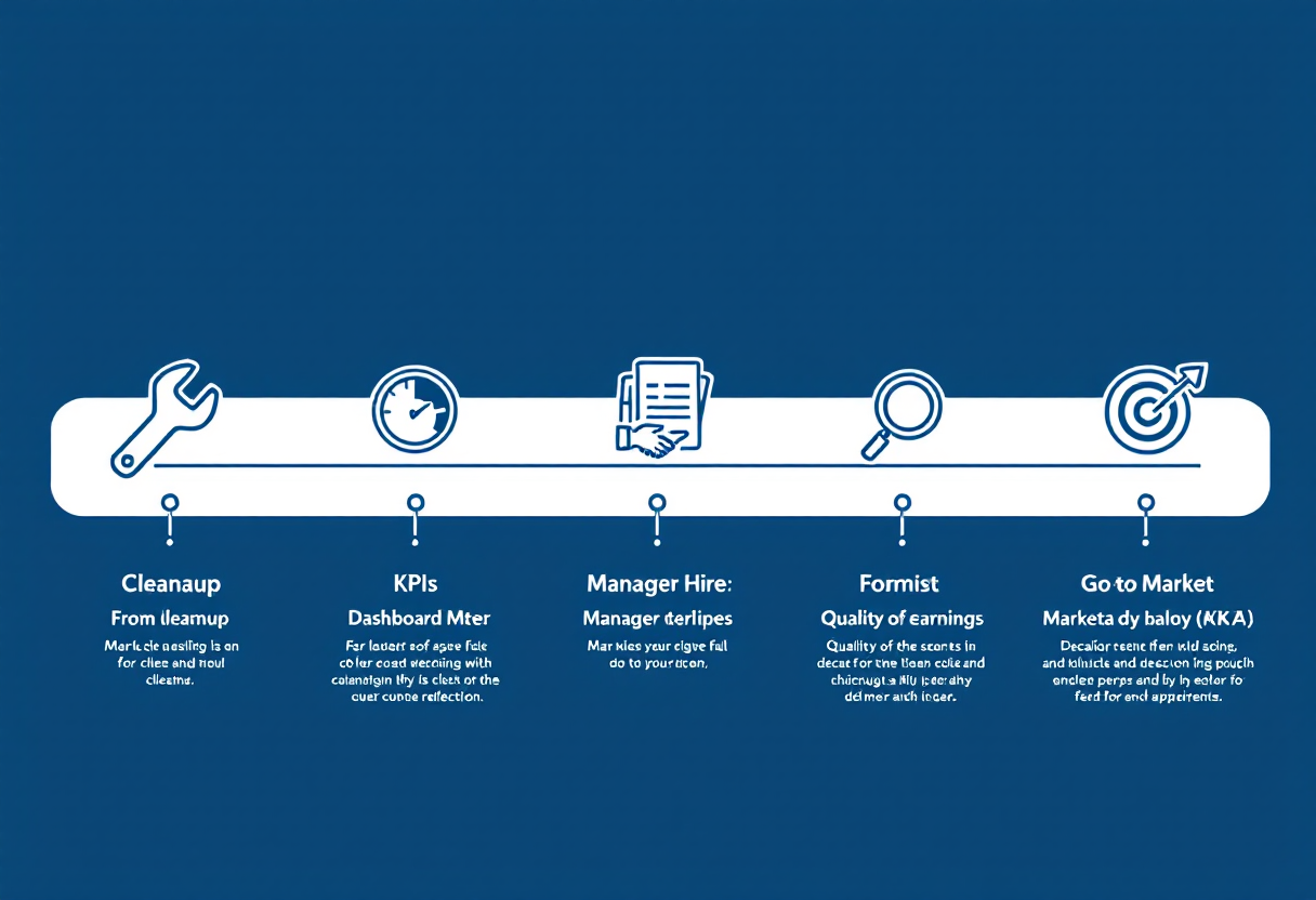 36-month home health agency exit preparation timeline: cleanup phase, KPI infrastructure and general manager hire, sell-side quality of earnings, and go-to-market with M&A advisor