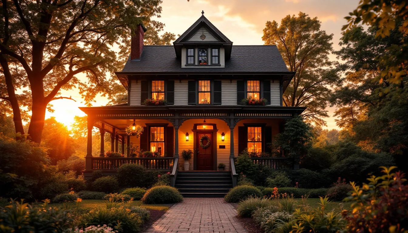 A historic bed and breakfast inn with welcoming front porch at sunset