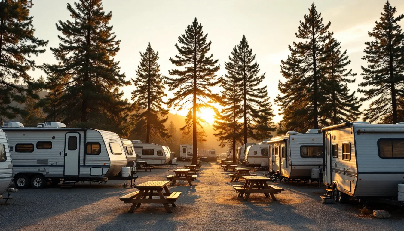 An RV park with travel trailers, picnic tables, and trees at sunrise
