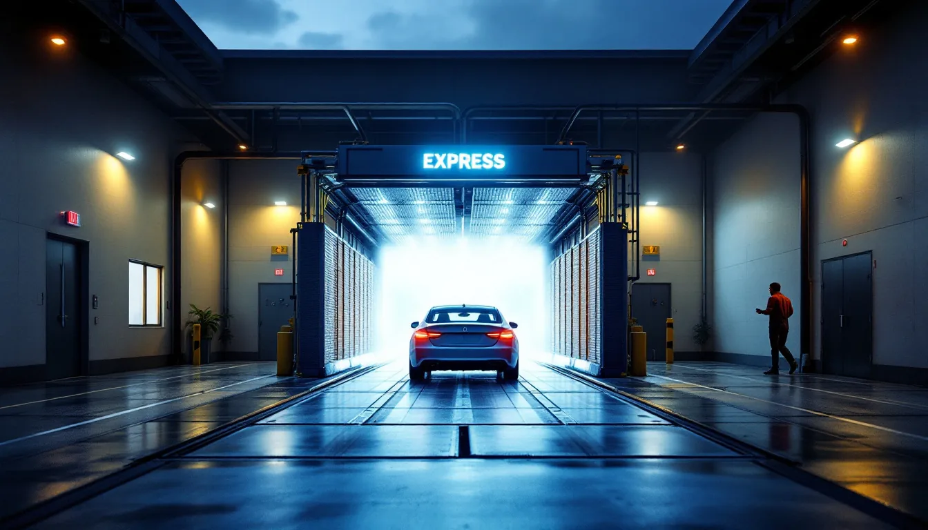 Editorial photograph of an express tunnel car wash exterior at dusk with the conveyor entrance visible, soft lighting, no people, 16:9
