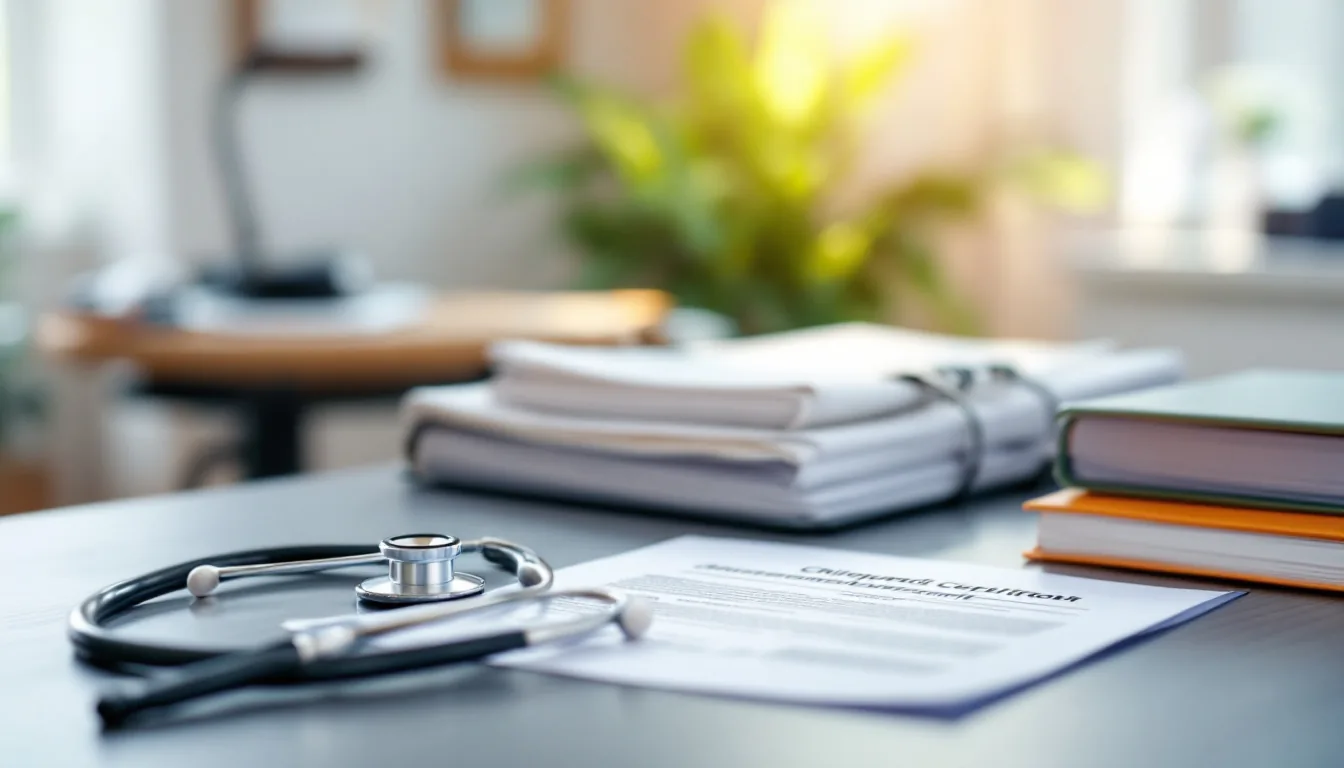 Editorial photograph illustrating how to buy a chiropractic practice, with patient files, adjustment table, and acquisition documents on a desk