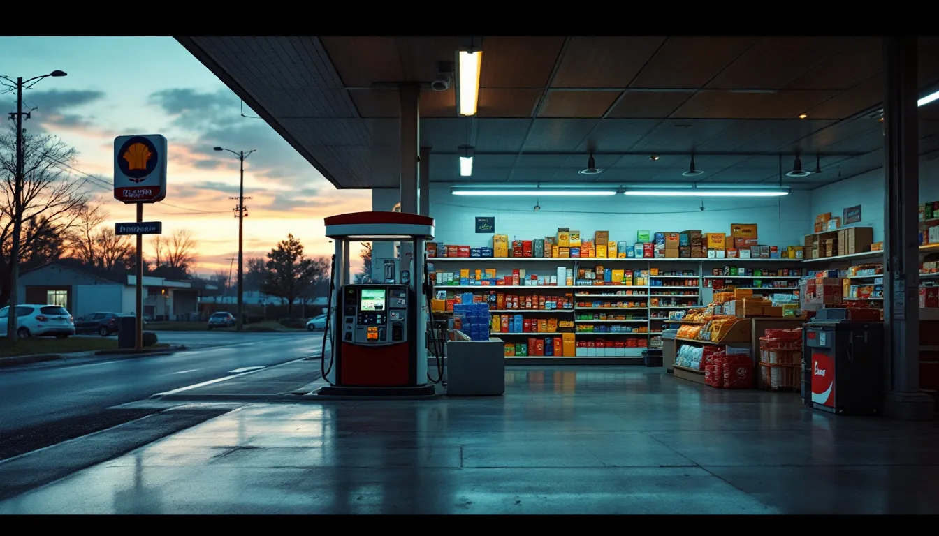 Editorial photograph of a convenience store interior at dusk with fuel pumps visible outside and inventory shelves stocked, soft daylight, no people, 16:9