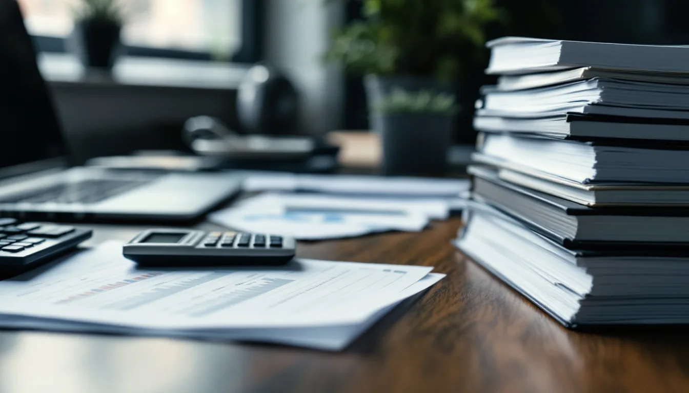 A clean professional accountant's office with desk, ledger books, and modern monitors
