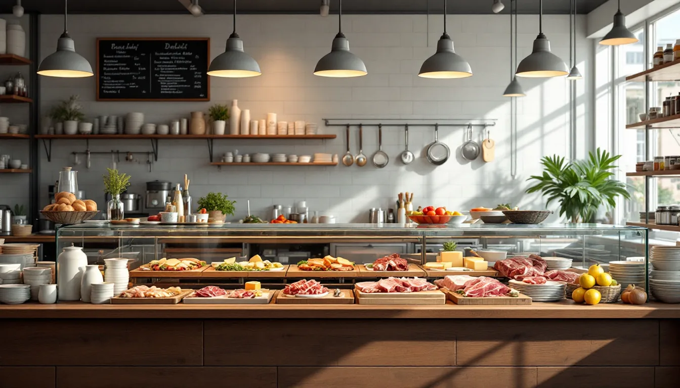 Editorial photograph of a deli interior with a counter display of meats and cheeses, sandwich preparation area, and inventory visible