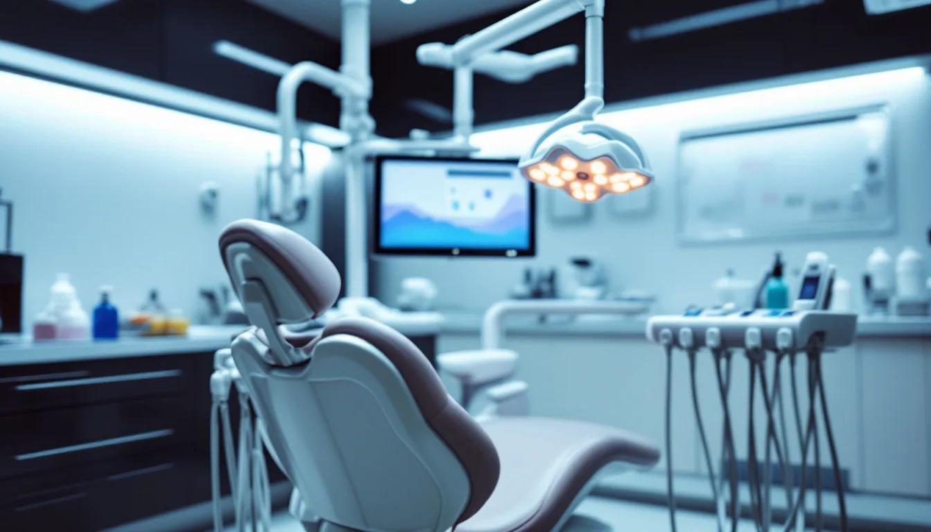 Modern dental practice operatory with chairlift equipment and clipboard showing patient charts on a counter