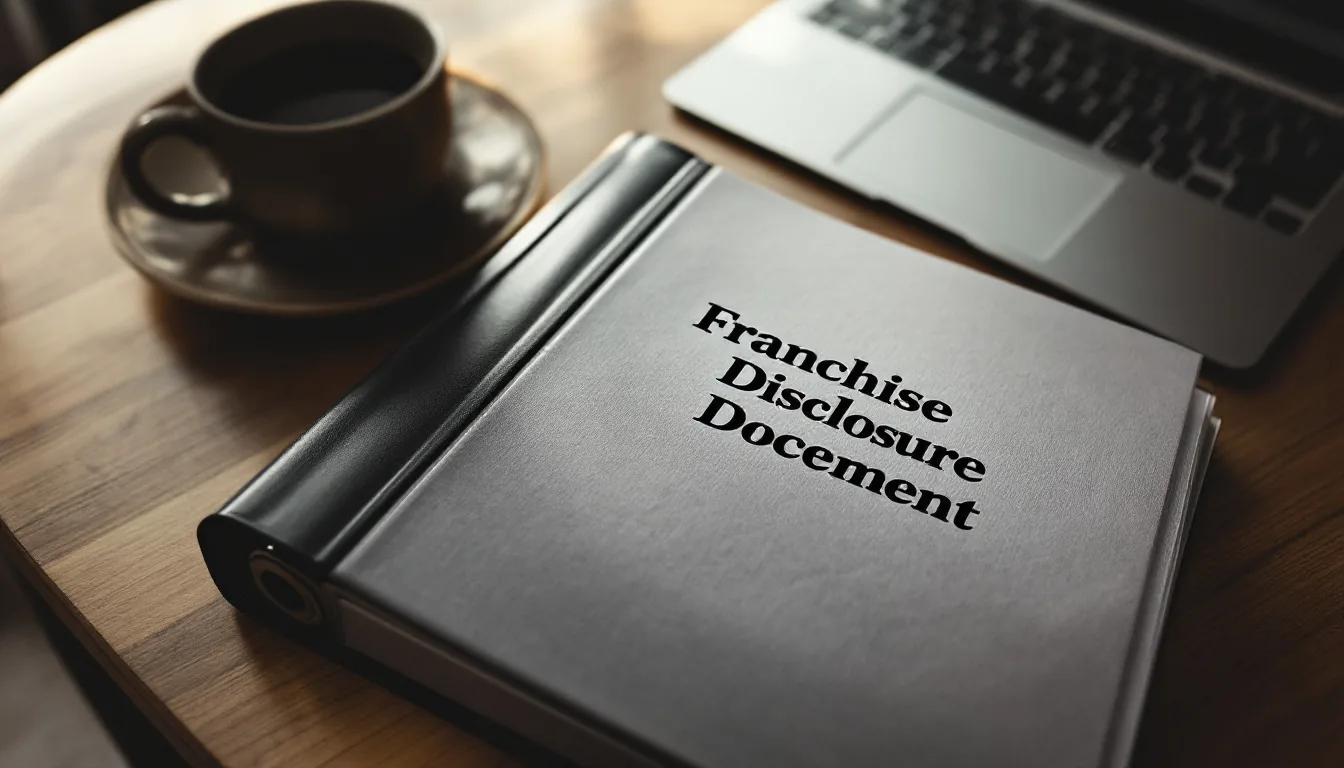 Folder labeled Franchise Disclosure Document beside a laptop and a coffee mug on a clean desk in soft daylight