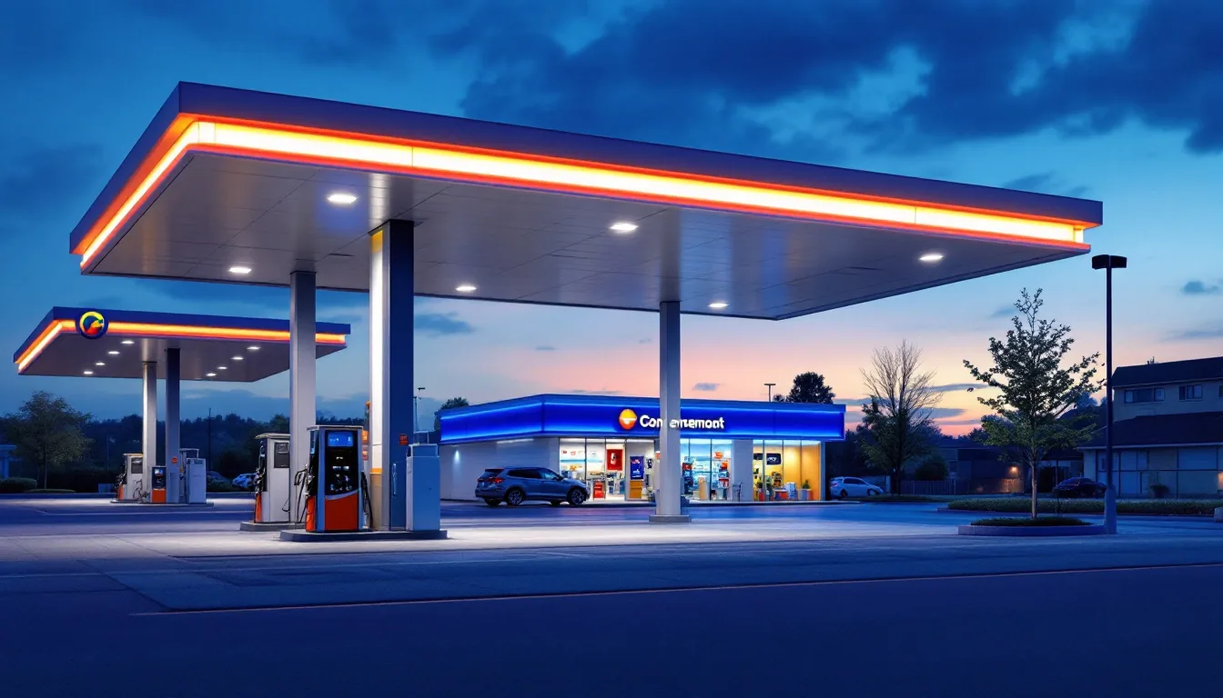 A clean modern gas station with fuel pumps and convenience store at dusk
