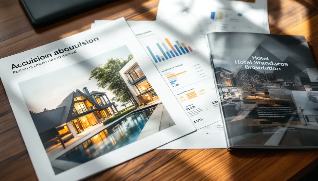 Editorial photograph of hotel acquisition documents on a wooden desk with a property photo, financial reports, and a brand standards manual
