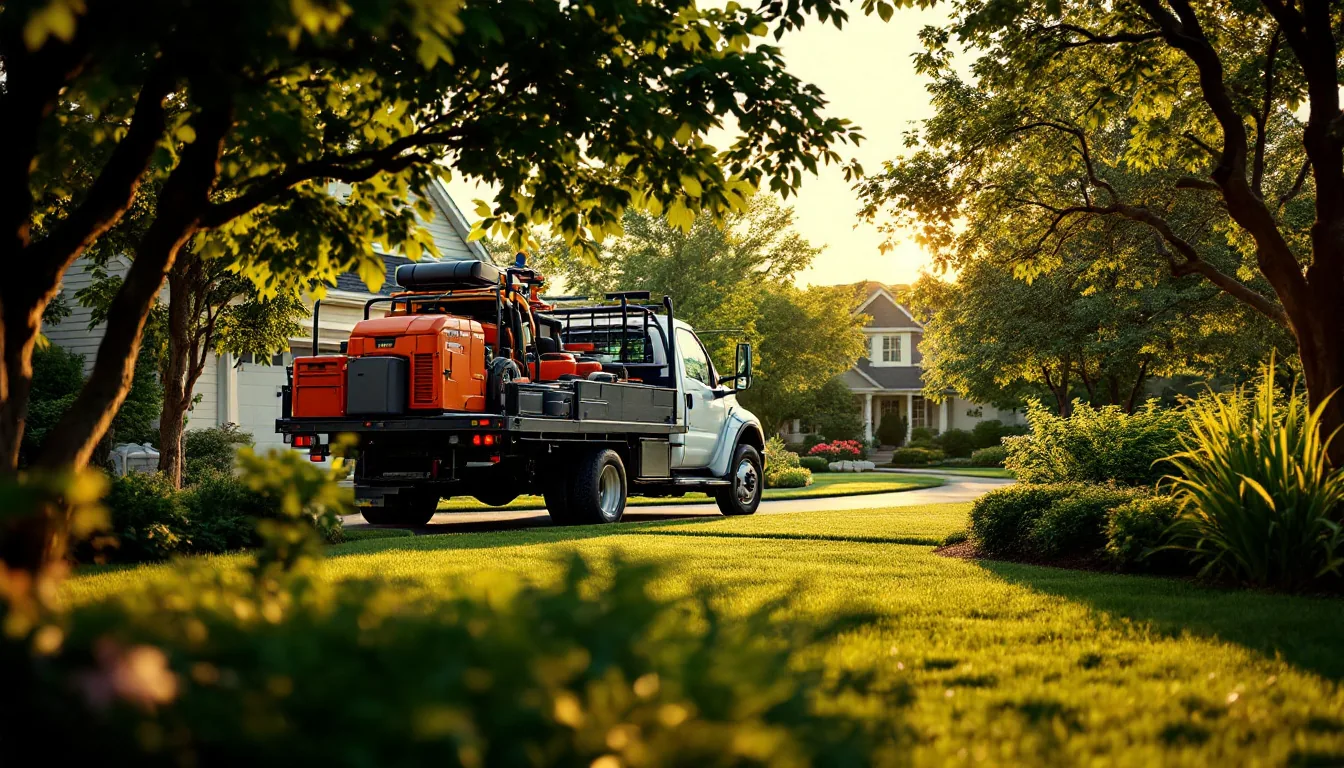 Commercial landscaping crew truck with mowing equipment parked at a property at golden hour with maintained lawns and shrubs in background
