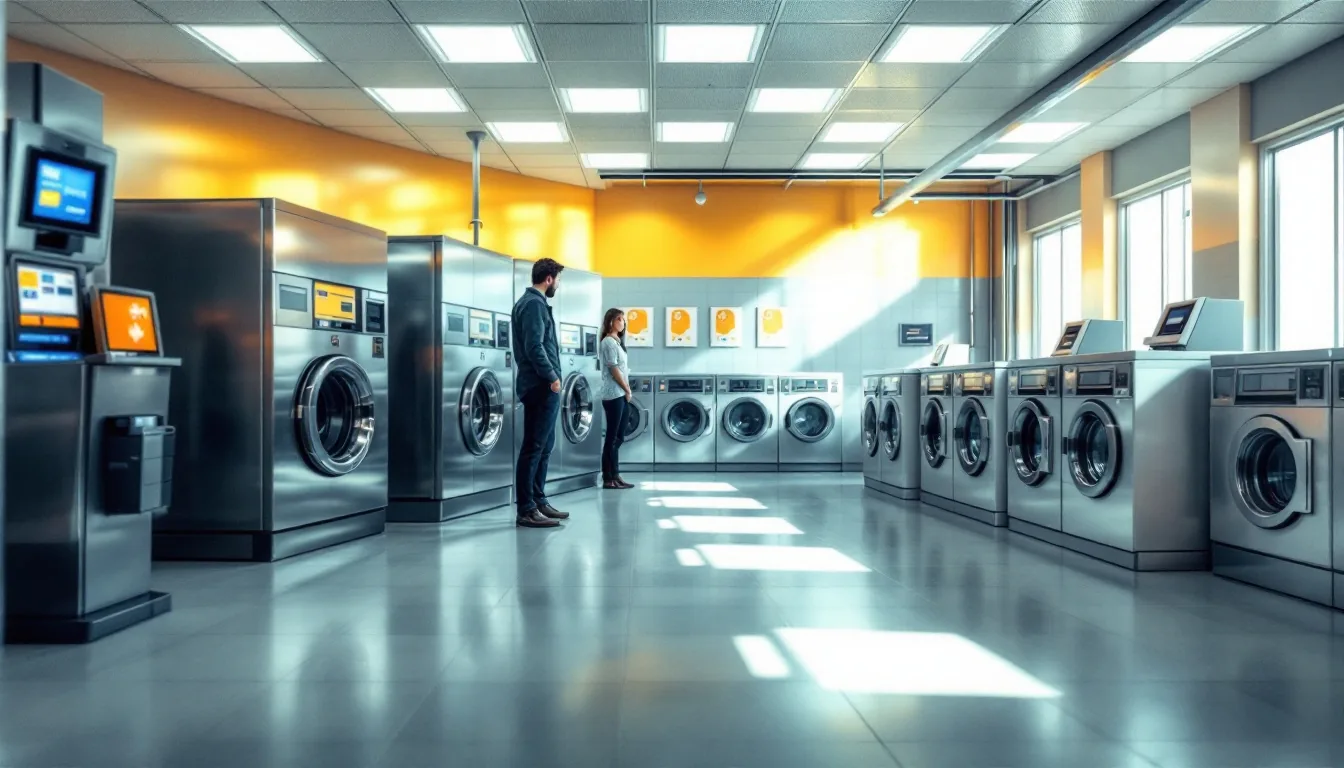 Editorial photograph of a laundromat interior with rows of washing machines and dryers, bright lighting, and a coin/card payment station visible