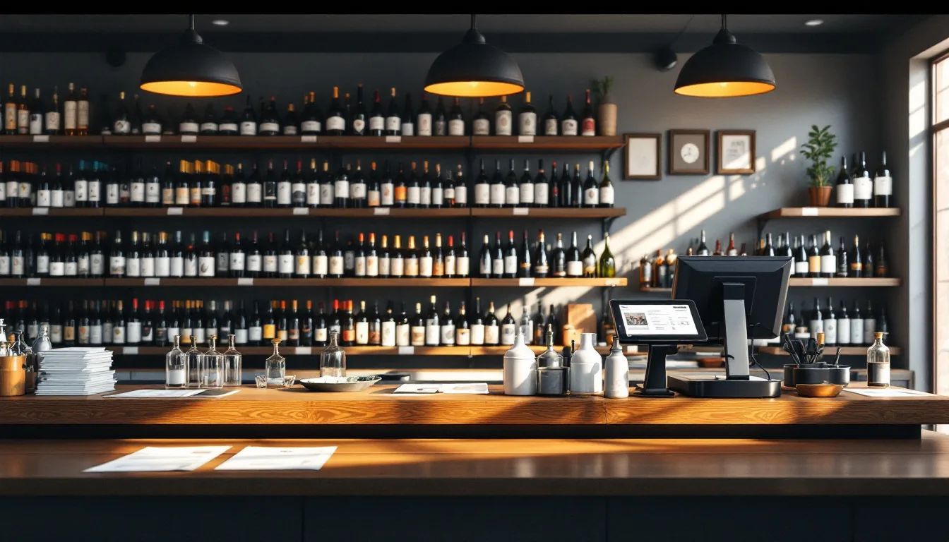 Editorial photograph of a liquor store storefront at dusk with shelves of wine and spirits visible through the window