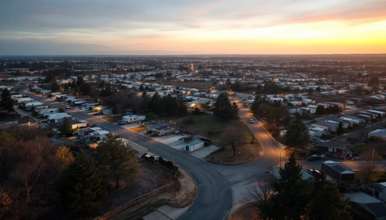 Editorial photograph of a mobile home park aerial view with rows of mobile homes, paved roads, and infrastructure visible