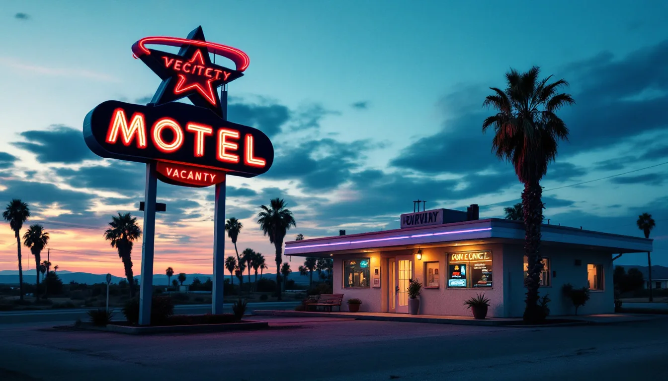 A clean roadside motel with neon vacancy sign at sunset