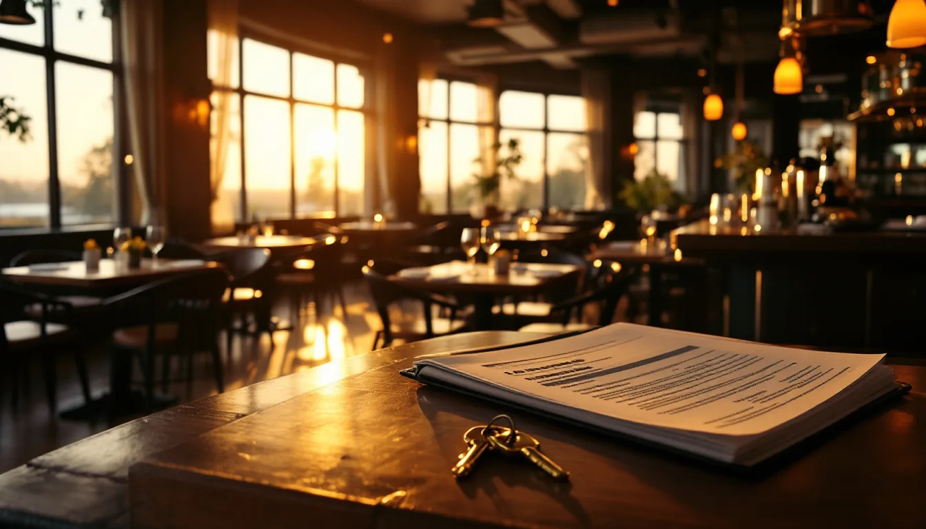Empty restaurant dining room at golden hour with a folder of financial documents and a set of brass keys on a wooden table