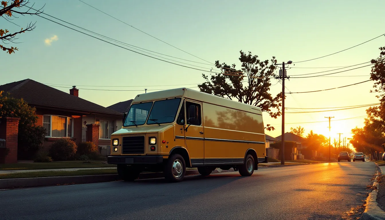 A small delivery truck on a suburban route with morning sunlight