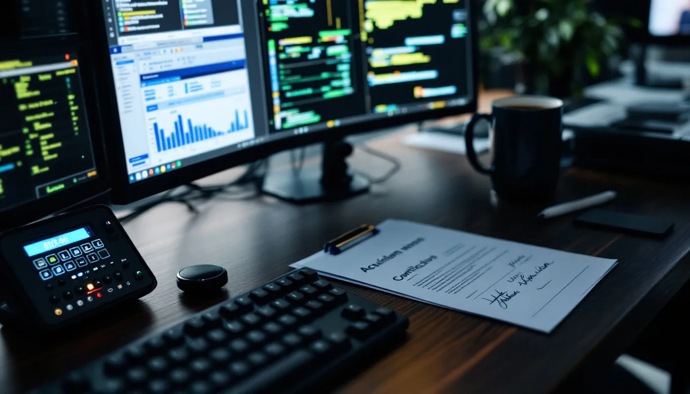 Editorial photograph illustrating how to buy a security company, with a control panel, monitoring screens, and signed acquisition documents on a desk