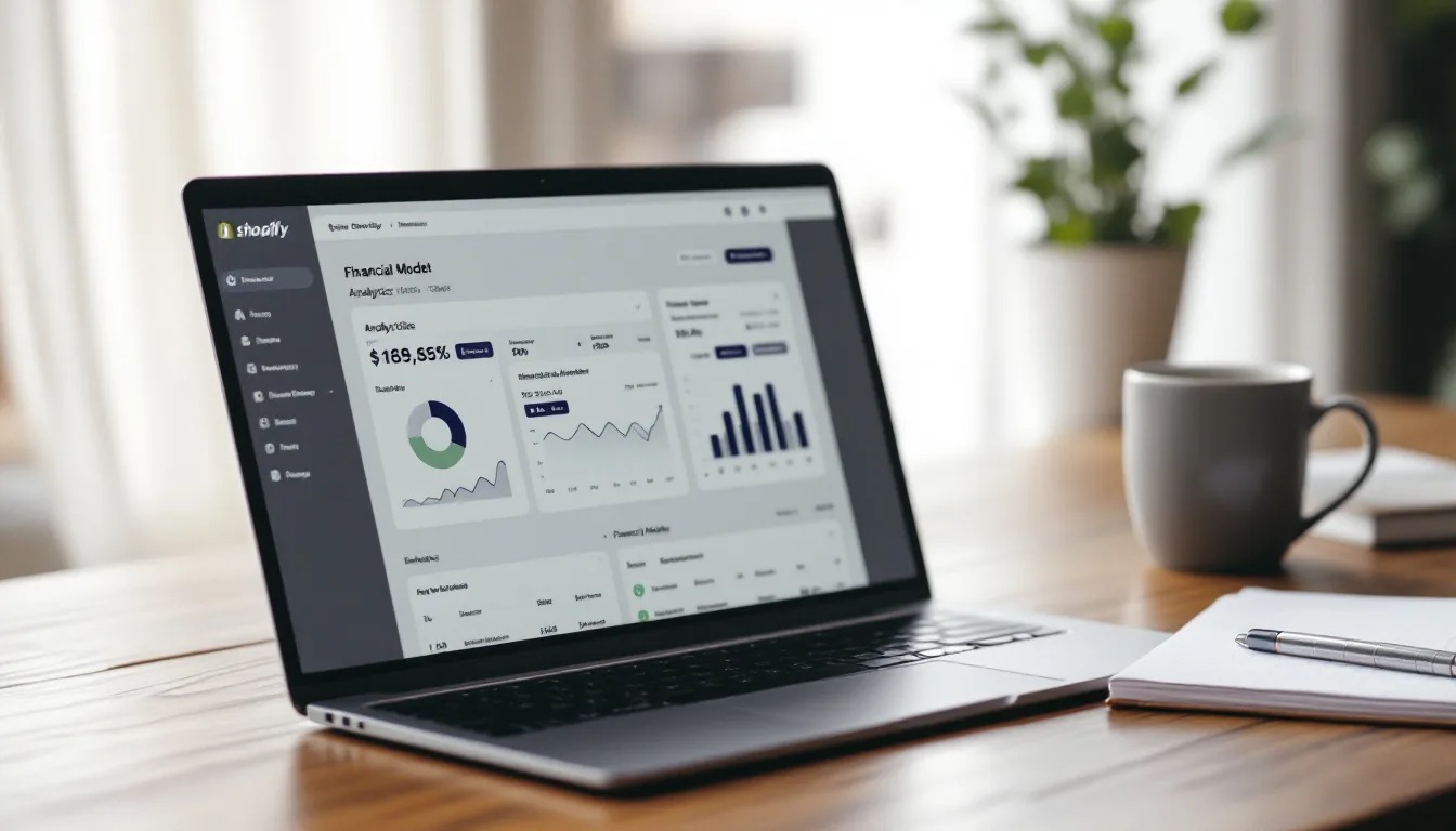 Acquirer reviewing a Shopify store dashboard and analytics on a laptop next to a financial model on a clean desk