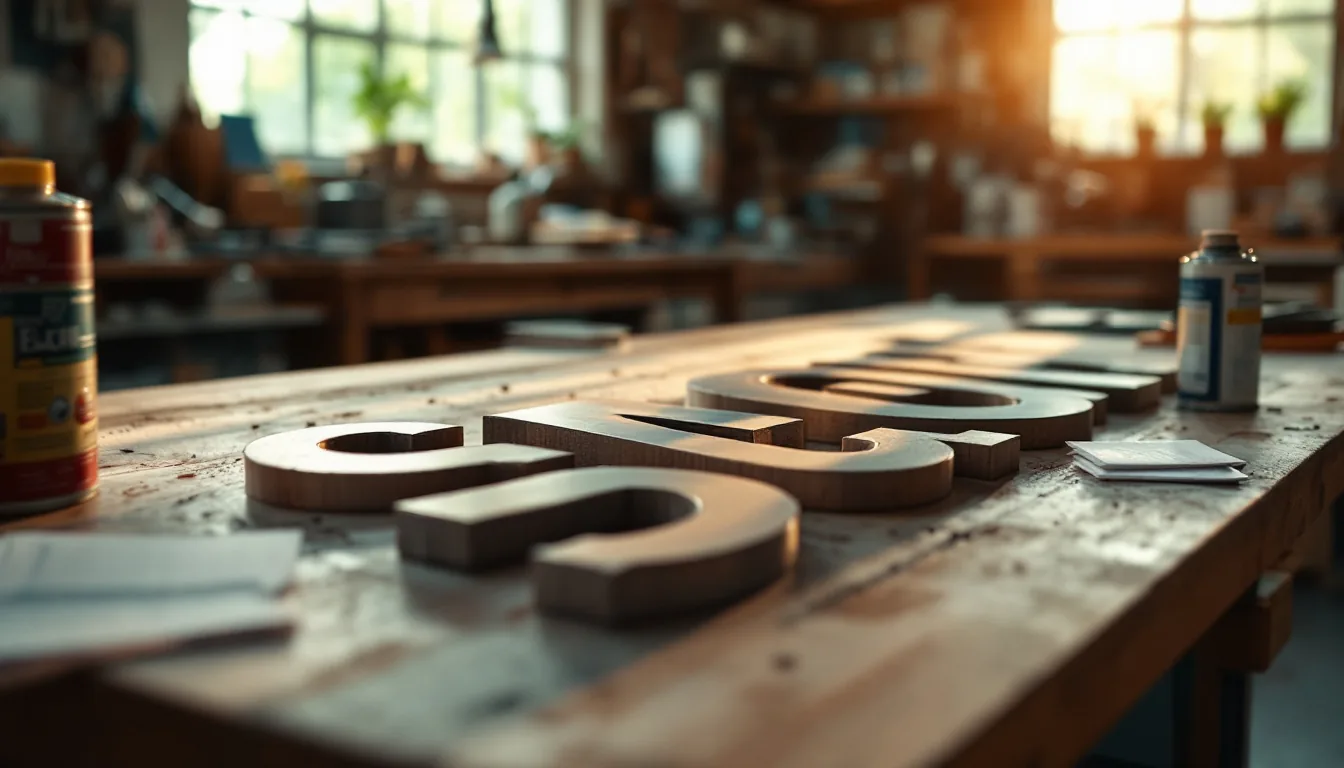 Editorial photograph illustrating how to buy a sign company, with a CNC router, fabricated channel letters, and signed acquisition documents on a workshop bench