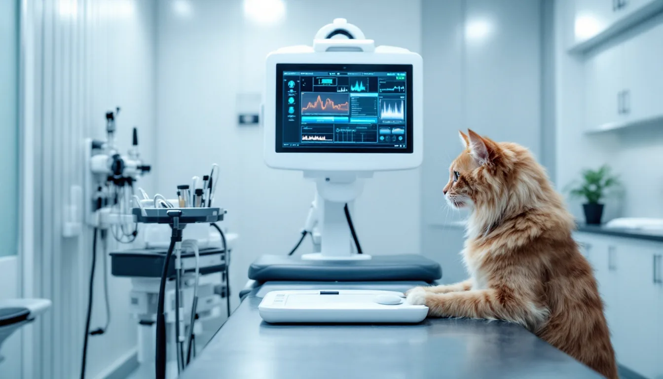 Modern veterinary exam room with examination table digital monitor and instrument tray prepared for clinical use