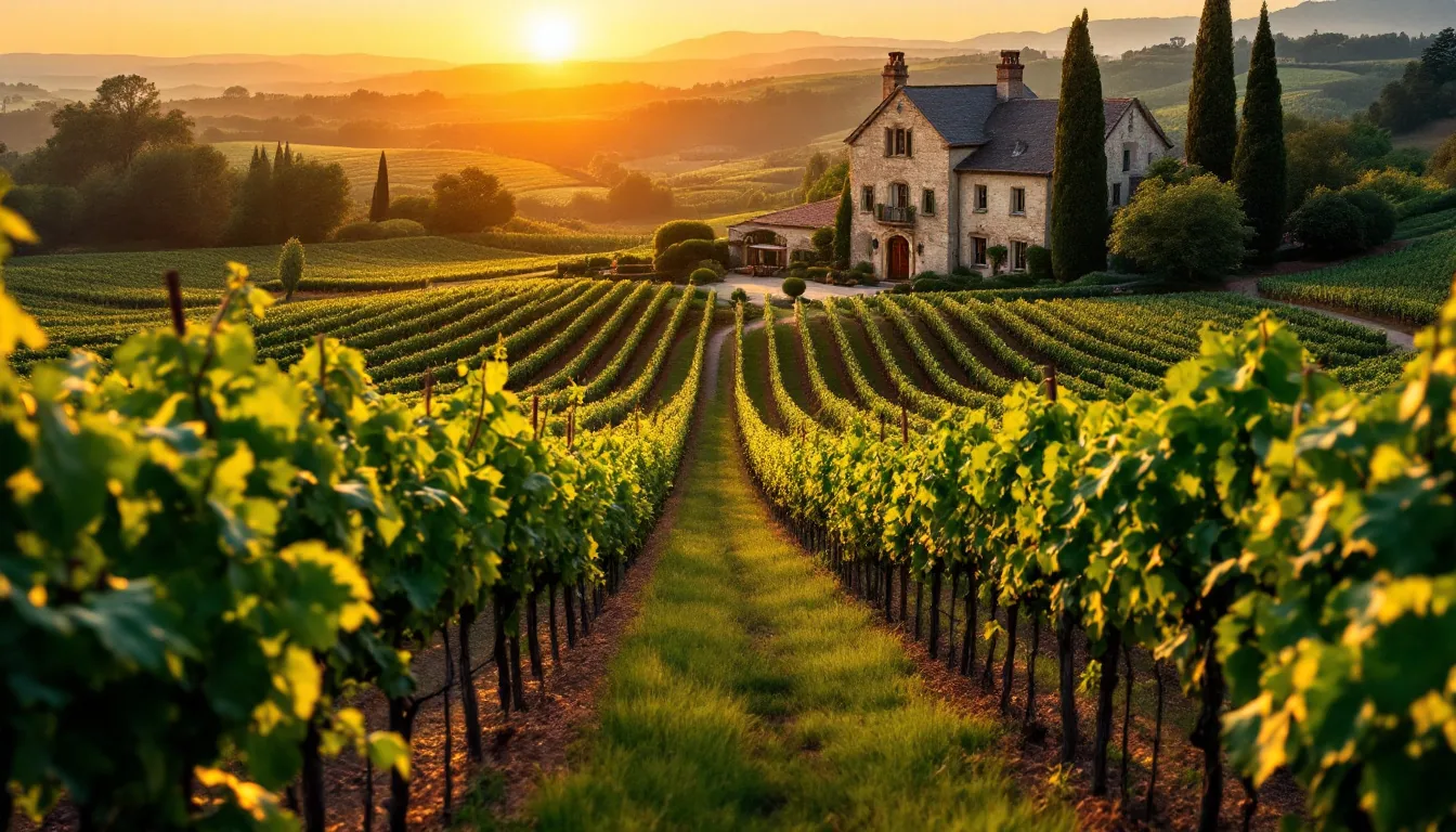 Rolling vineyard rows with a winery building in the distance at golden hour