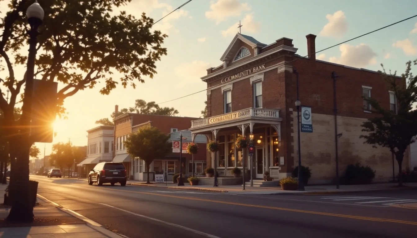 A community bank building exterior on a town main street