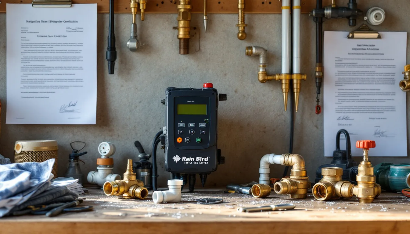 Editorial photograph illustrating how to buy an irrigation company, with sprinkler heads, irrigation controller, and signed acquisition documents on a workbench