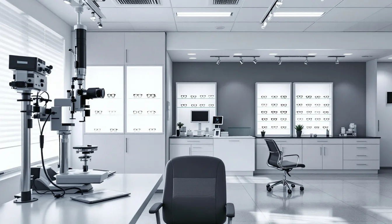 Modern optometry exam room with phoropter and slit lamp equipment next to an adjacent optical dispensary with frames on display
