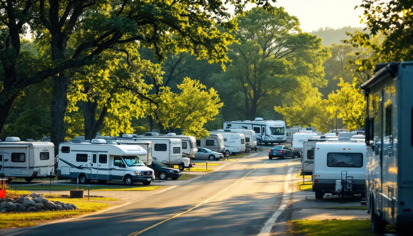 Editorial photograph of an RV park with rows of RVs parked on sites, paved roads, and trees in the background under daylight