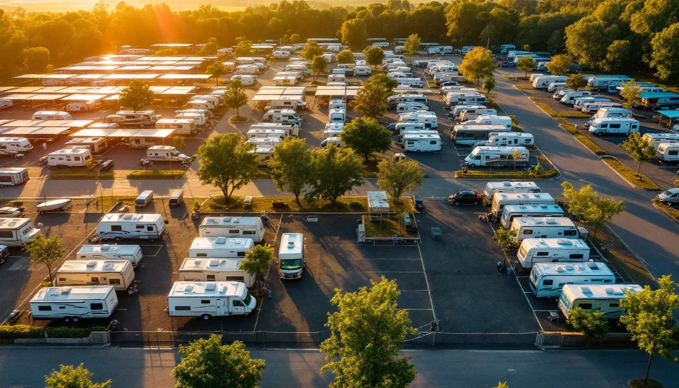 Aerial photograph of an RV storage facility lot with rows of recreational vehicles and boat trailers parked under shade canopies